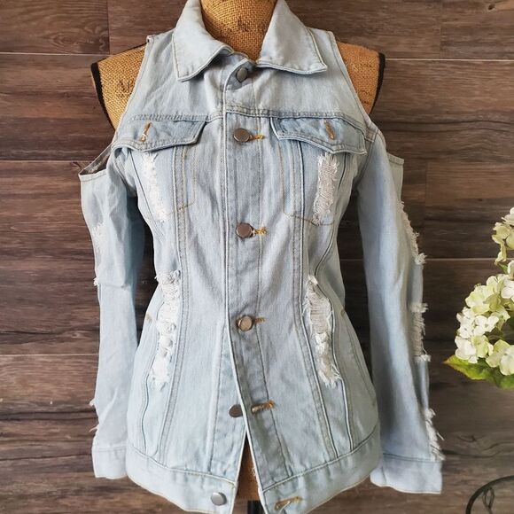Point 5 Cold Shoulder Denim Jacket Light Wash Small - Picture 3 of 10